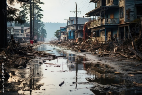 Coastal after tsunami wreckage and flood., generative IA © JONATAS