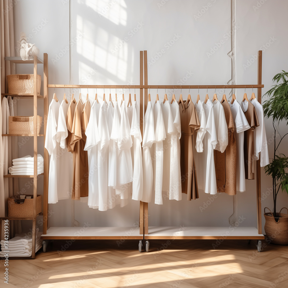 Chic Minimalist Clothing Rack with White and Beige Apparel in Bright Room