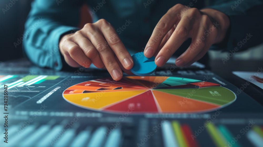 pair of hands are adjusting a large, tactile pie chart on a digital interface with various types of graphs and data visualizations in the background. pair of hands are adjusting a large, tactile pie chart on a digital interface with various types of graphs and data visualizations in the background.
