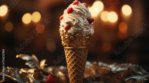 Ice cream cone adorned with raspberries, generative AI
