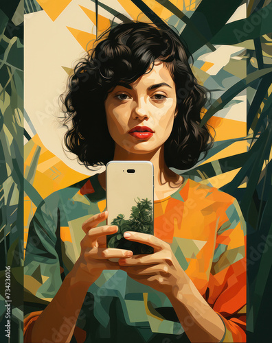 A girl with dark hair and red lipstick, wearing a colorful blouse, holds a smartphone in her hands against an abstract black-yellow-white background, generative AI




