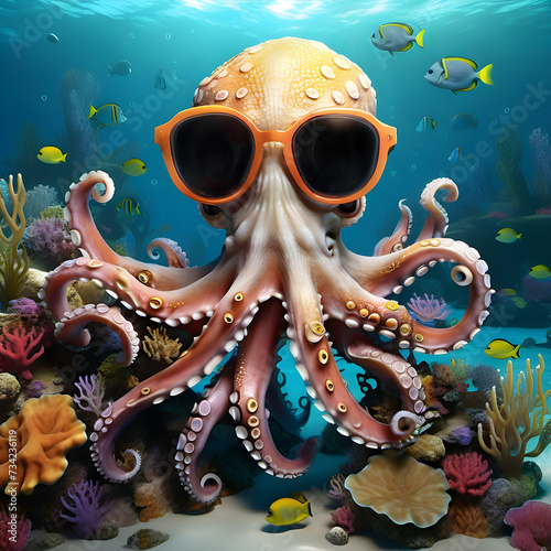 Surreal nonsense image: stylish and unusual octopus sunglasses. AI generated image. photo