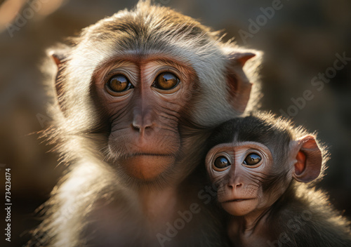 Close-up portrait of a monkey with a baby, generative AI