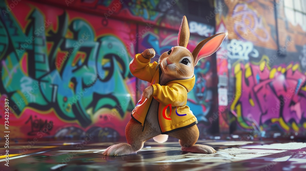 A rabbit demonstrating breakdancing moves designed by a 3D animator against an urban backdrop with graffiti filled walls