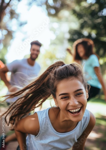 Portrait of a happy young woman with friends in the background.AI.
