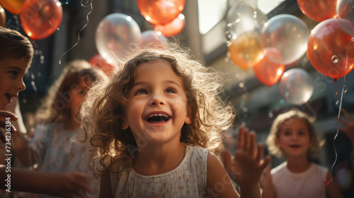 Portrait of a laughing girl at a children's party with balloons, generative AI