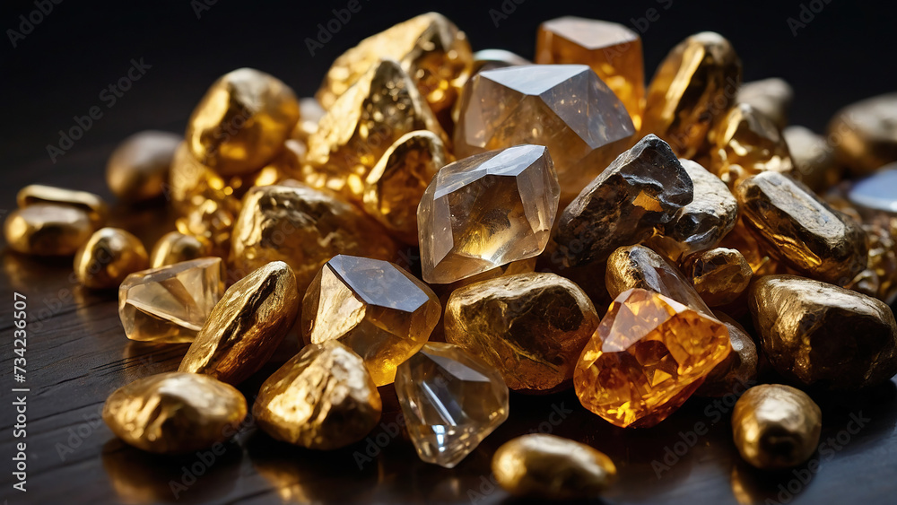 Close-up of gold nuggets mixed with precious stones. Selective focus. Success, business and store concept. Close-up of gold nuggets mixed with precious stones. Selective focus. Success, business and store concept.