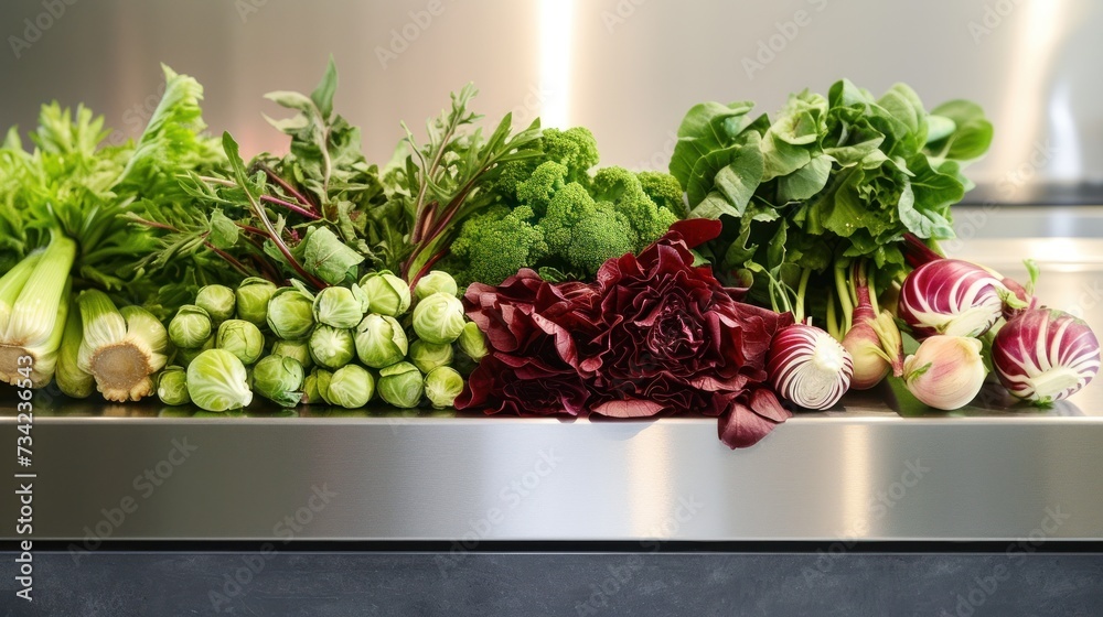  a close up of a bunch of vegetables on a counter top with broccoli, onions, celery, radishes, and lettuce.