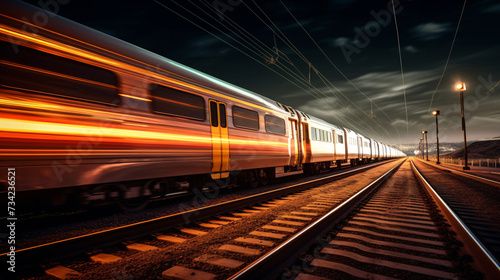 Train in motion on railroad tracks at sunset. Railway station in motion blur