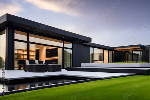 Modern Minimalist Mansion: Dominating the Landscape in Stark Black, Set Against a Lush Green Lawn, Exuding Luxury and Contemporary Sophistication © Andreas