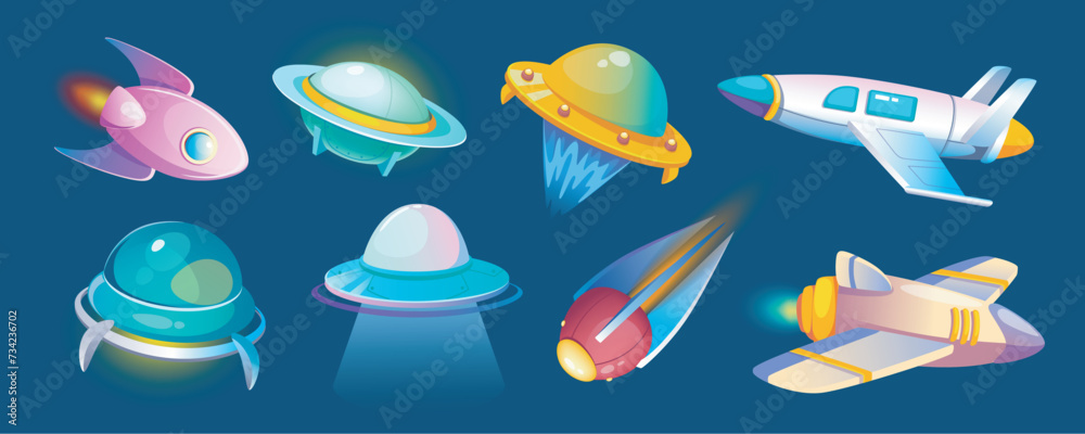 Alien spaceships mega set in cartoon graphic design. Bundle elements of fantasy UFO space crafts, rockets, flying saucers, shuttles, spacecrafts with glow lights. Vector illustration isolated objects Alien spaceships mega set in cartoon graphic design. Bundle elements of fantasy UFO space crafts, rockets, flying saucers, shuttles, spacecrafts with glow lights. Vector illustration isolated objects