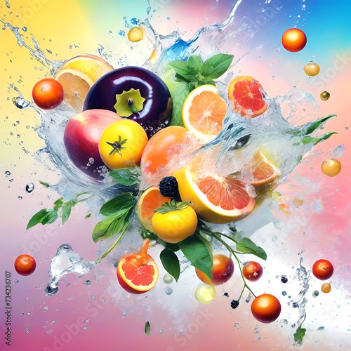 Multiple fruits splash on top of water with black background fruit photography. colorful vegetables in the water © Hadi