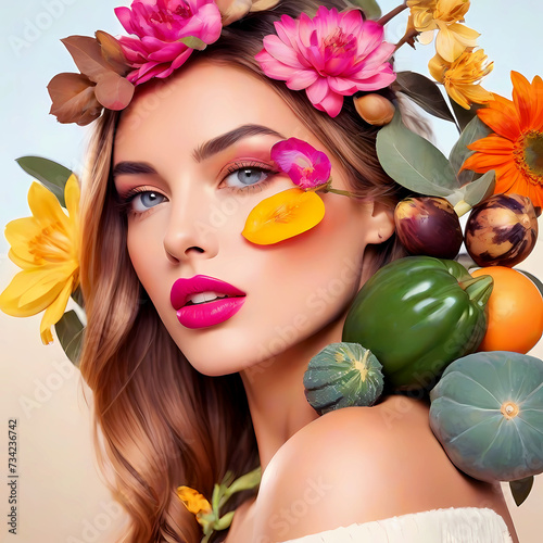 A fashion photo young woman with flowers exhibiting flawless makeup 