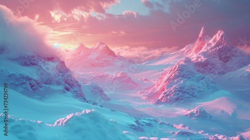  a mountain range covered in snow under a pink and blue sky with the sun peeking through the clouds over the top of the mountain range is a line of snow - capped mountains.