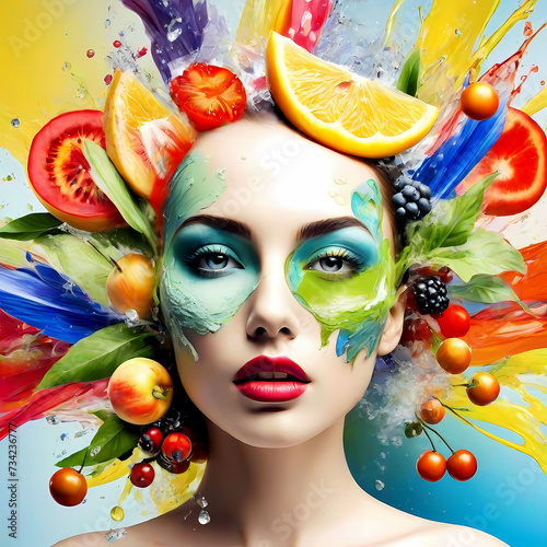 Portrait of a girl whose hair is covered with fruits splash and leaves. © Hadi