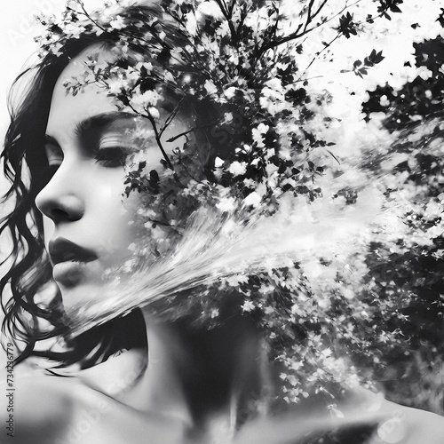 Double exposition. Portrait of a beautiful girl with flowers. Beauty, fashion. Black and white photo © Hadi