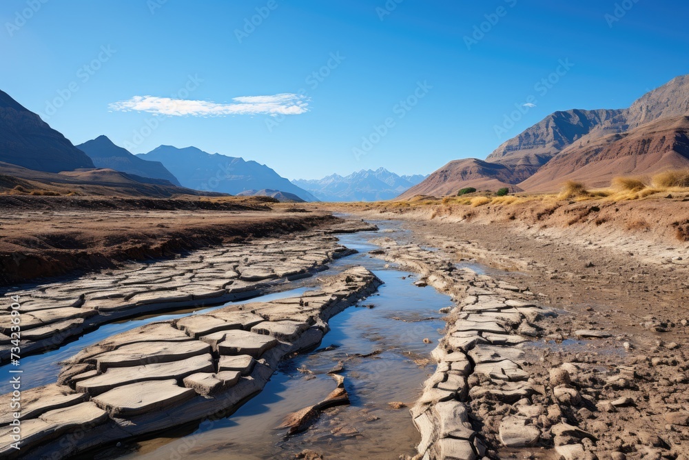 Arid scenario melted glaciers and dry rivers show climate impact., generative IA