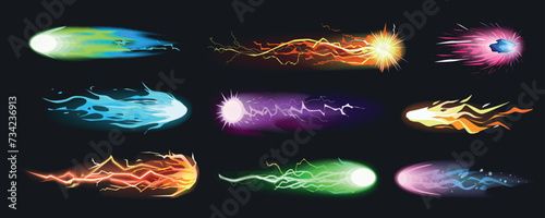 Blasters laser effect mega set in cartoon graphic design. Bundle elements of game handgun shoots with glowing lights, fireballs with spark trail, energy explosion. Vector illustration isolated objects photo