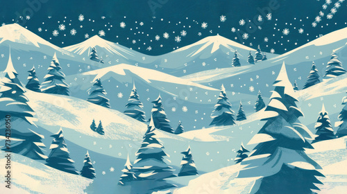  a painting of a snowy mountain scene with pine trees in the foreground and a night sky with stars and snow flecks on the top of the mountain. © Olga