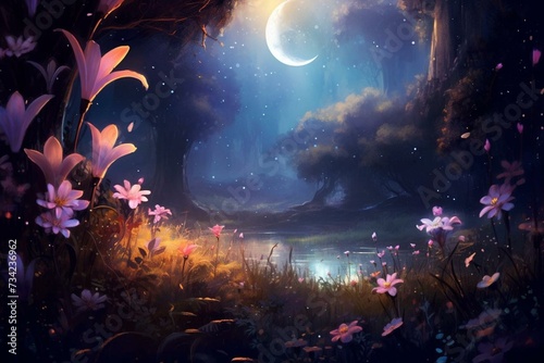 A tranquil night scene with a crescent moon, twinkling stars, and blooming flowers. Generative AI