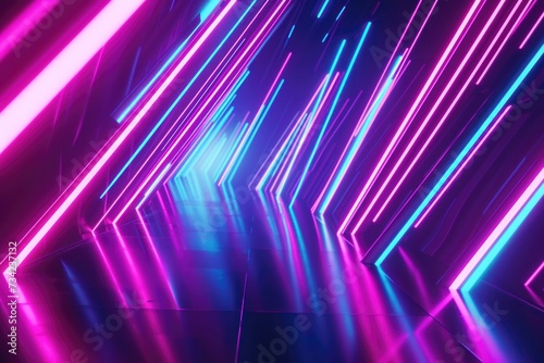 Futuristic abstract techno Sci-fi neon glowing lines background. Digital artwork. Reflections on the floor and ceiling. Virtual 3D background, representation for business