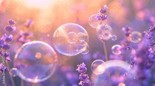  a bunch of soap bubbles floating in the air next to a bunch of lavender flowers with the sun shining through the bubbles on the top of the top of the bubbles.