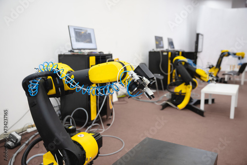 A robotic arm equipped with a lens for machine vision and production decision-making