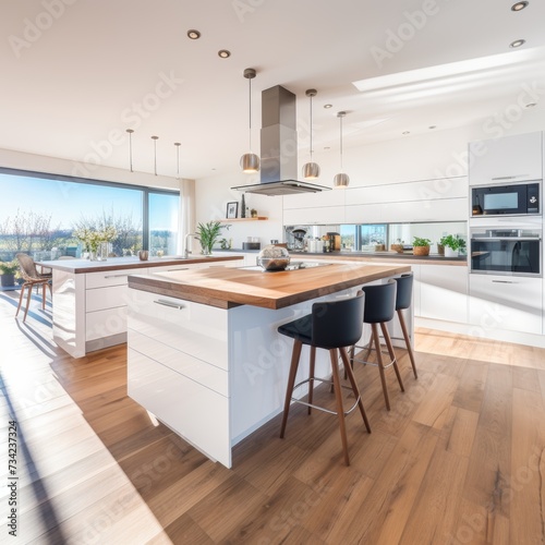 Luxury kitchen interior with island, wooden floor, modern minimal style, new home, copy space © Daria