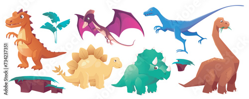 Cute dinosaurs mega set in cartoon graphic design. Bundle elements of different types prehistoric dinos, plants, ground shapes. Funny ancient predator characters. Vector illustration isolated objects