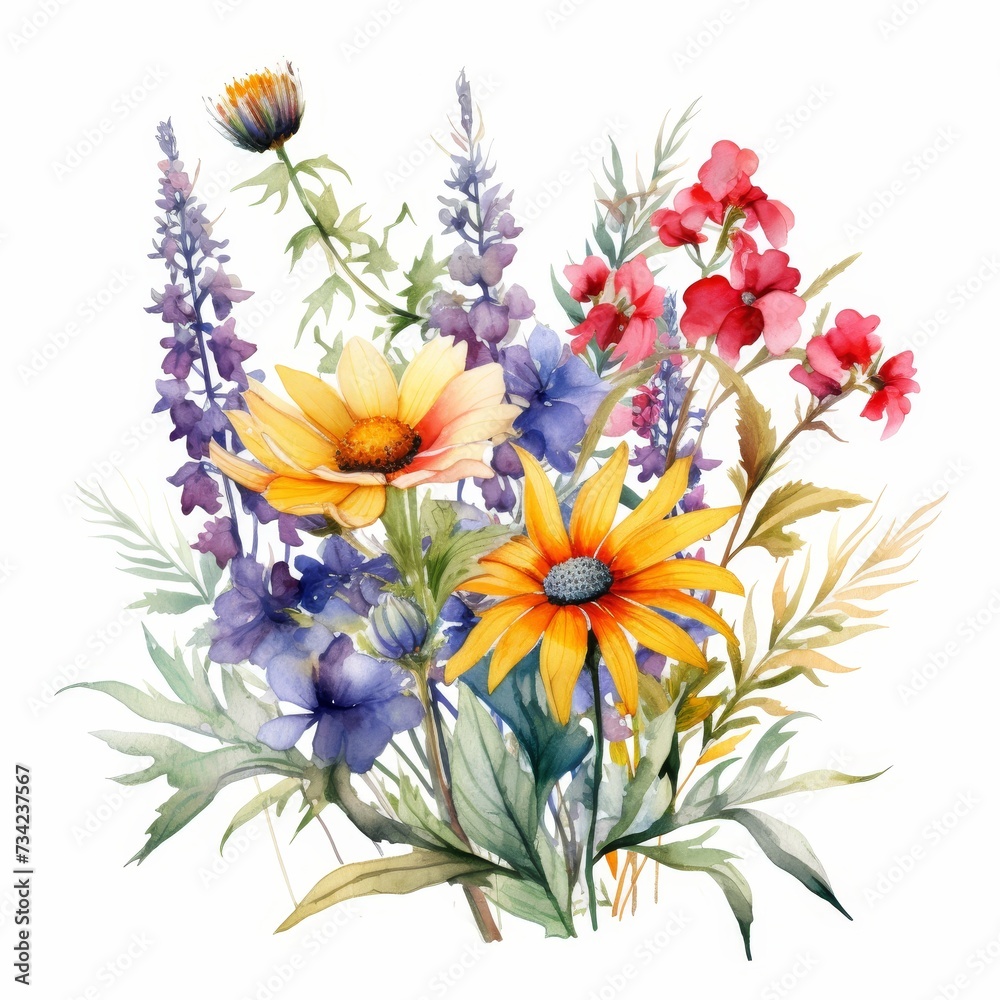 Vibrant and diverse colored wildflowers blooming against a clean, white background