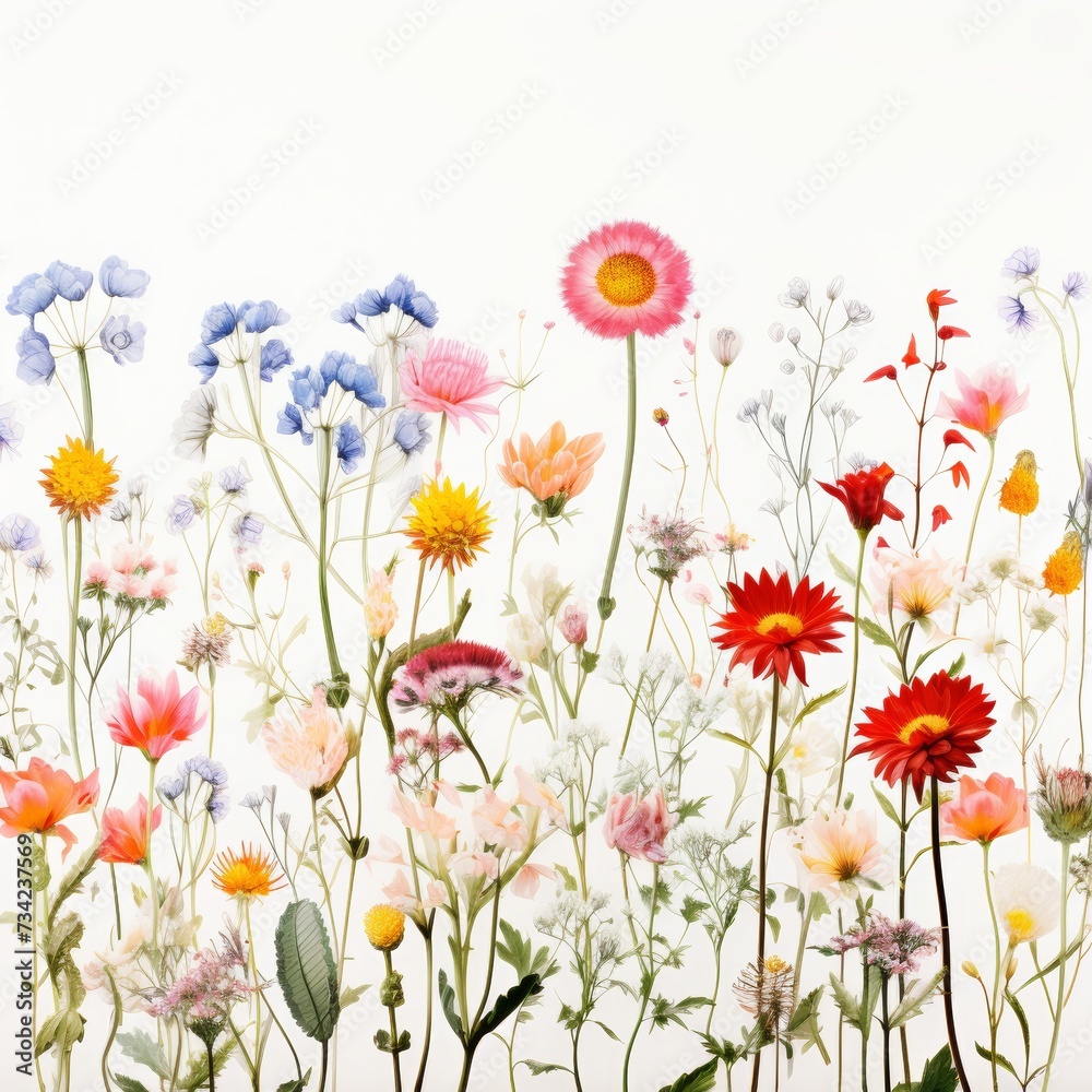 Beautiful colorful wildflowers on bright white background blooming in natural environment