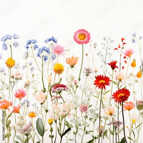 Beautiful colorful wildflowers on bright white background blooming in natural environment © Daria