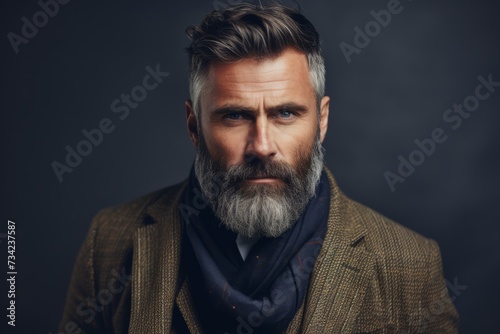 Portrait of a handsome bearded man in a jacket and scarf. Men's beauty, fashion.