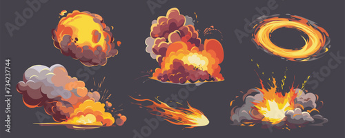Fire game effects mega set in cartoon graphic design. Bundle elements of different shapes explosion, flame with smoke clouds, bomb burst with splash, circle flash. Vector illustration isolated objects photo