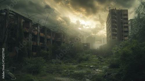 A fiery sunset looms over the ruins of an abandoned industrial factory, where nature slowly encroaches upon man-made structures. Resplendent.