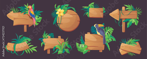 Jungle game sign boards mega set in cartoon graphic design. Bundle elements of different shapes of empty wooden signposts and pointers with leaves and parrots. Vector illustration isolated objects
