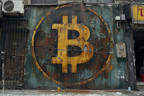 A large-scale mural of the Bitcoin logo  painted on a city wall in the Street Art style