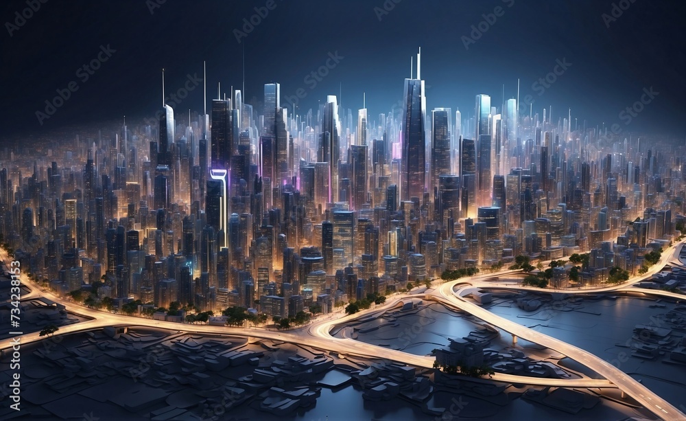 Abstract night cityscape background. Night city fantasy world. bight city skyline urban light view buildings, smart city