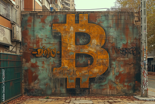 A large-scale mural of the Bitcoin logo  painted on a city wall in the Street Art style