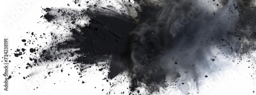 Black charcoal powder dust paint white explosion explode burst isolated splatter abstract. Powder charcoal background black smoke particles explosive carbon pattern coal makeup dark splash bomb piece photo