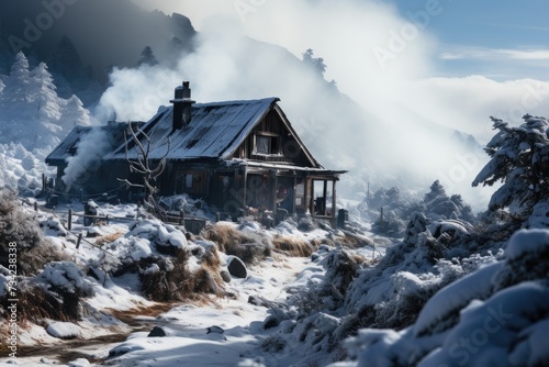 Welcoming cabin surrounded by snowfall in the isolated mountains., generative IA © JONATAS