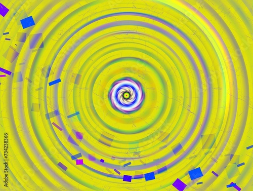 Drobne koncentryczne okręgi z efektem rozmycia oraz drobnym bokeh w zielono, zółto, niebieskiej kolorystyce - abstrakcyjne tło, tekstura