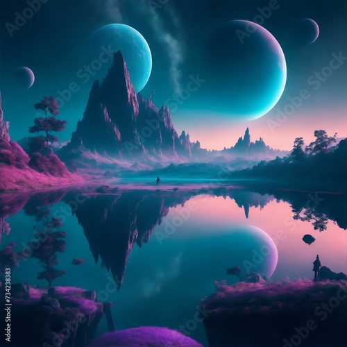 AI generated landscape with mountain surrounded by water undersky with planets photo