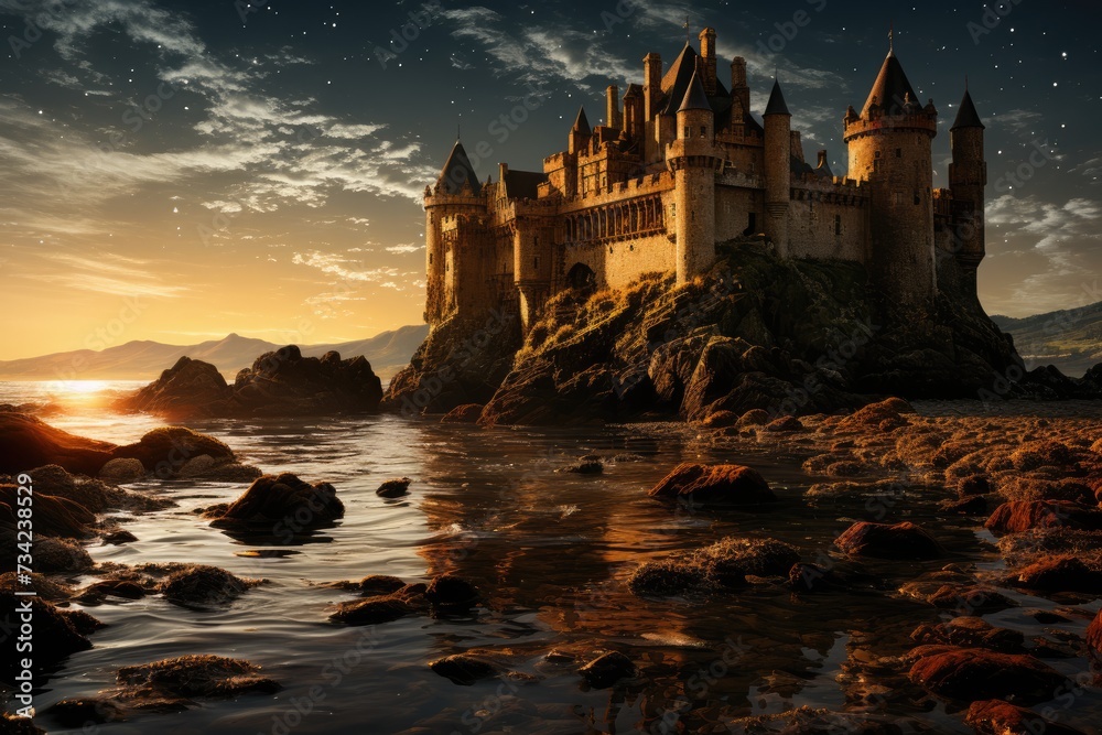 Castle by the seaside illuminated by a golden singing star., generative IA