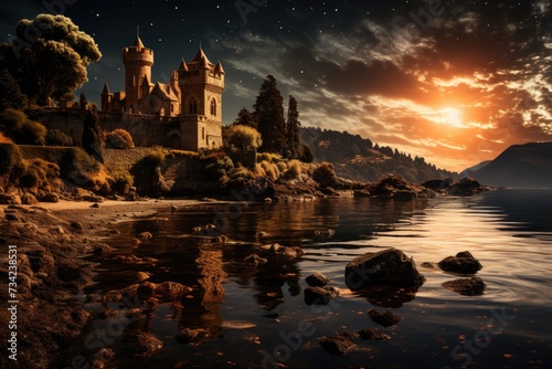 Castle by the seaside illuminated by a golden singing star., generative IA © JONATAS