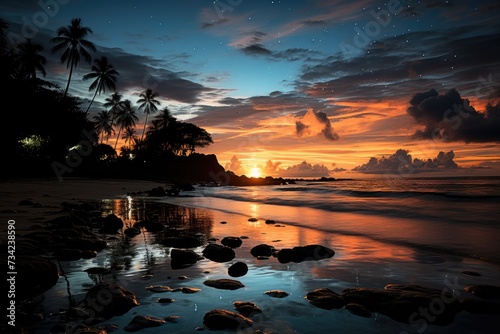 Singing star illuminates quiet beach and reflects in the sea., generative IA © JONATAS