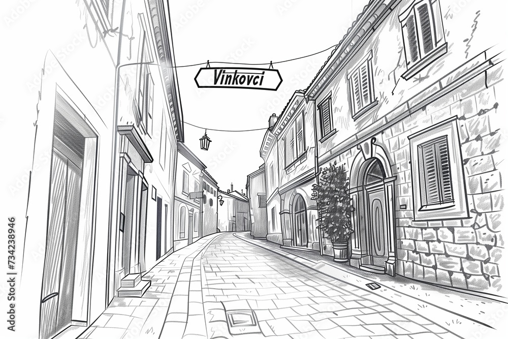 Sketch-Style Illustration of Vinkovci's Quiet Streets - Perfect for Historical, Cultural, and Architectural Themes