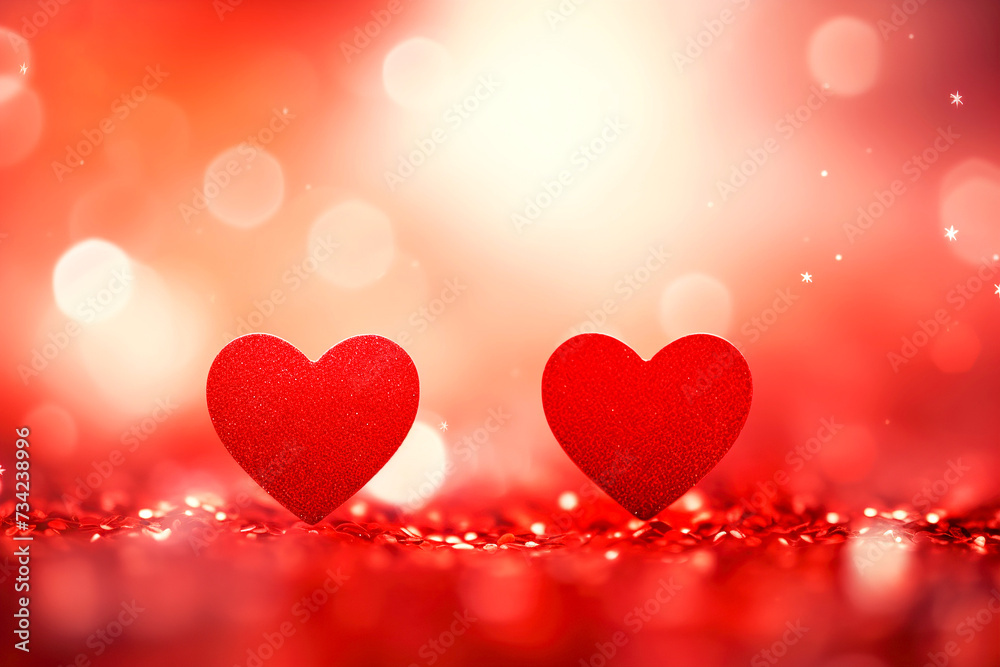Two red hearts on a background with romantic blurred bokeh. Valentine's Day concept.