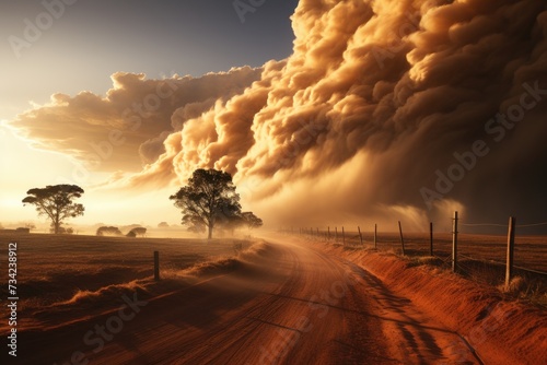 Sand storm approaches, swallowing a rural area., generative IA