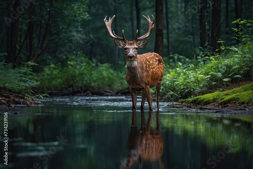 deer is drinking water in the forest